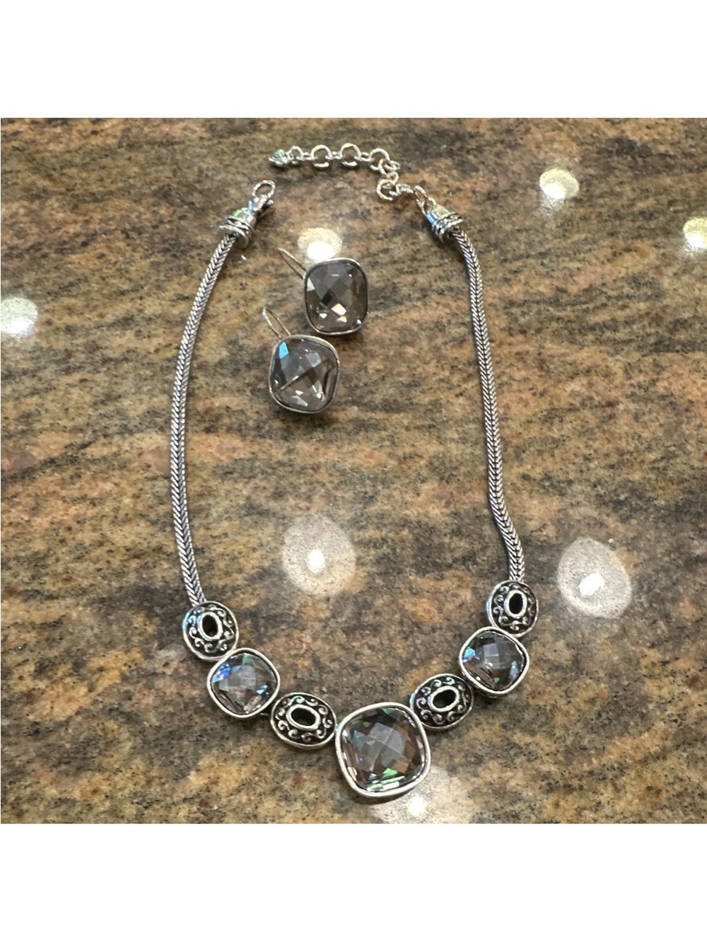 Brighton Silver-Tone Grey Faceted Stone Necklace & Stud Earrings